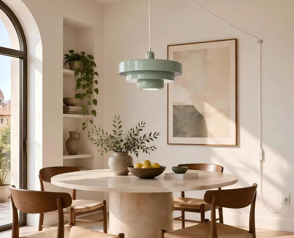 Suspension Bauhaus à brancher dans une salle à manger avec prise européenne apparente