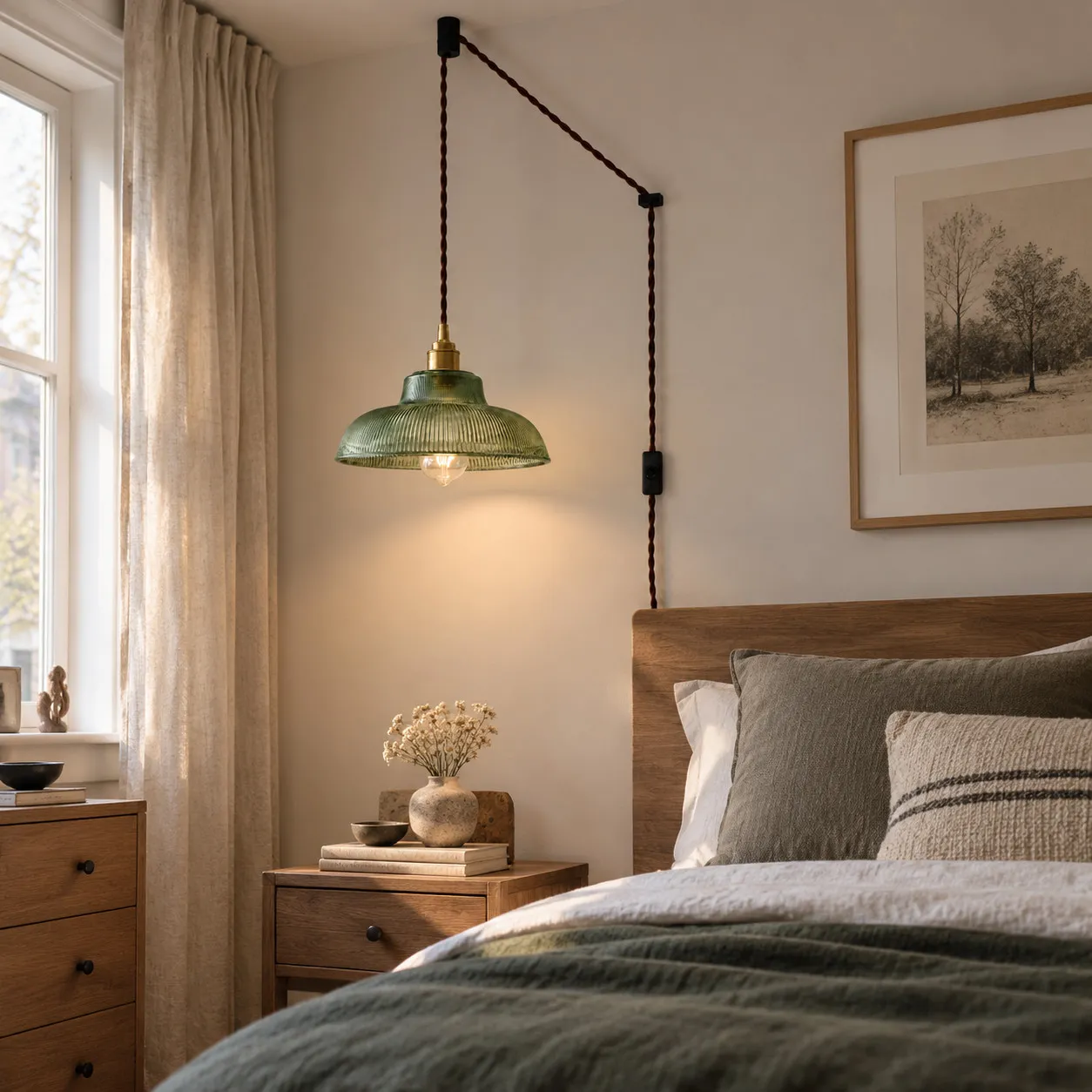 Ribbed glass plug-in pendant beside a bed