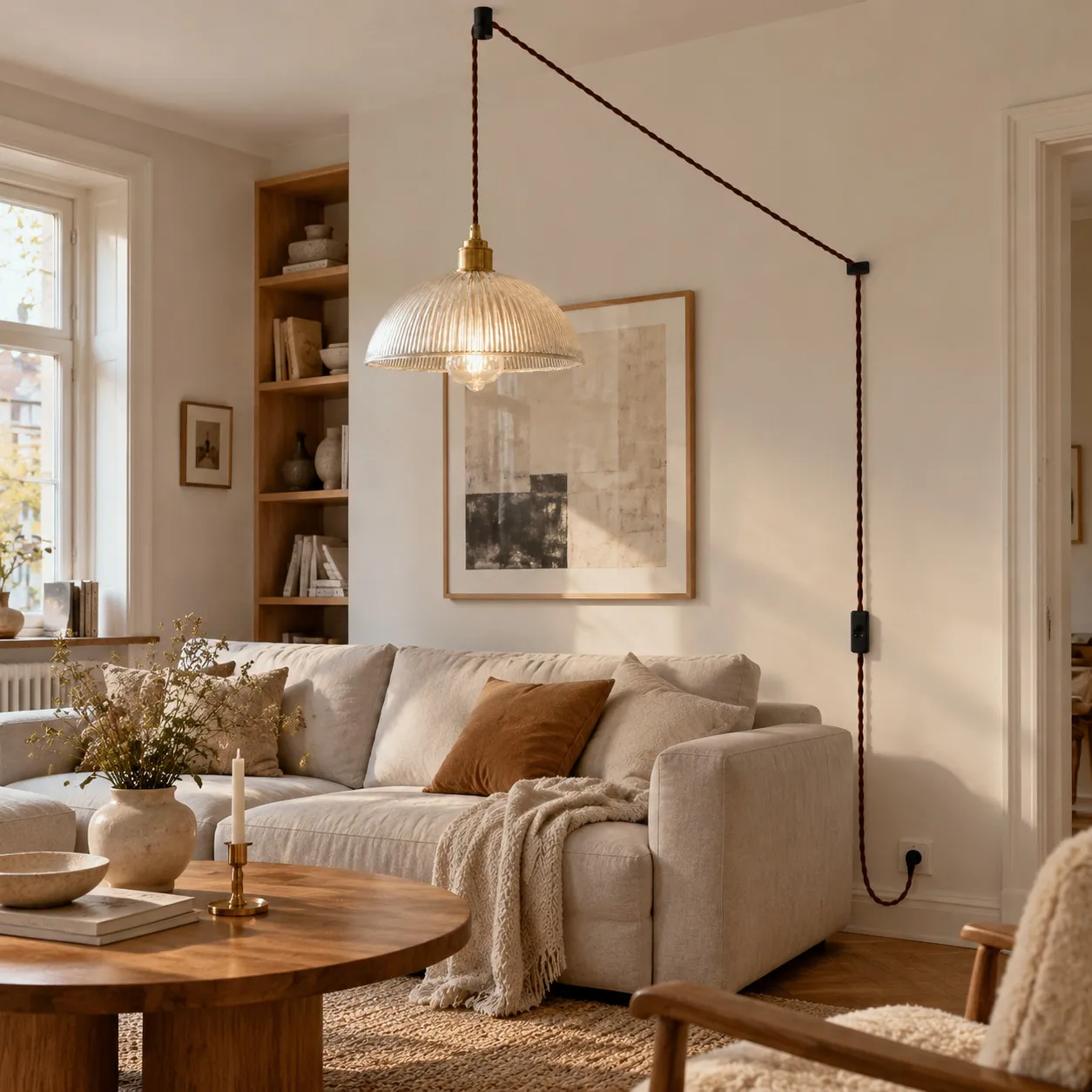 Ribbed glass plug-in pendant in a living room