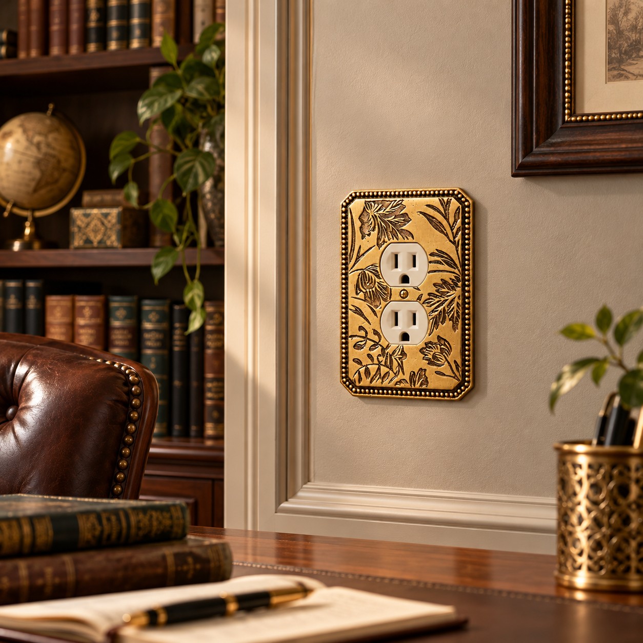 Antique brass outlet cover in a book-lined study