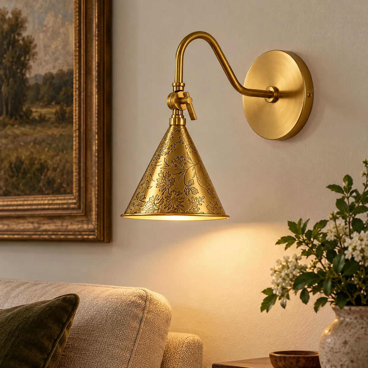 Cone Sconce with an Etched Floral Shade