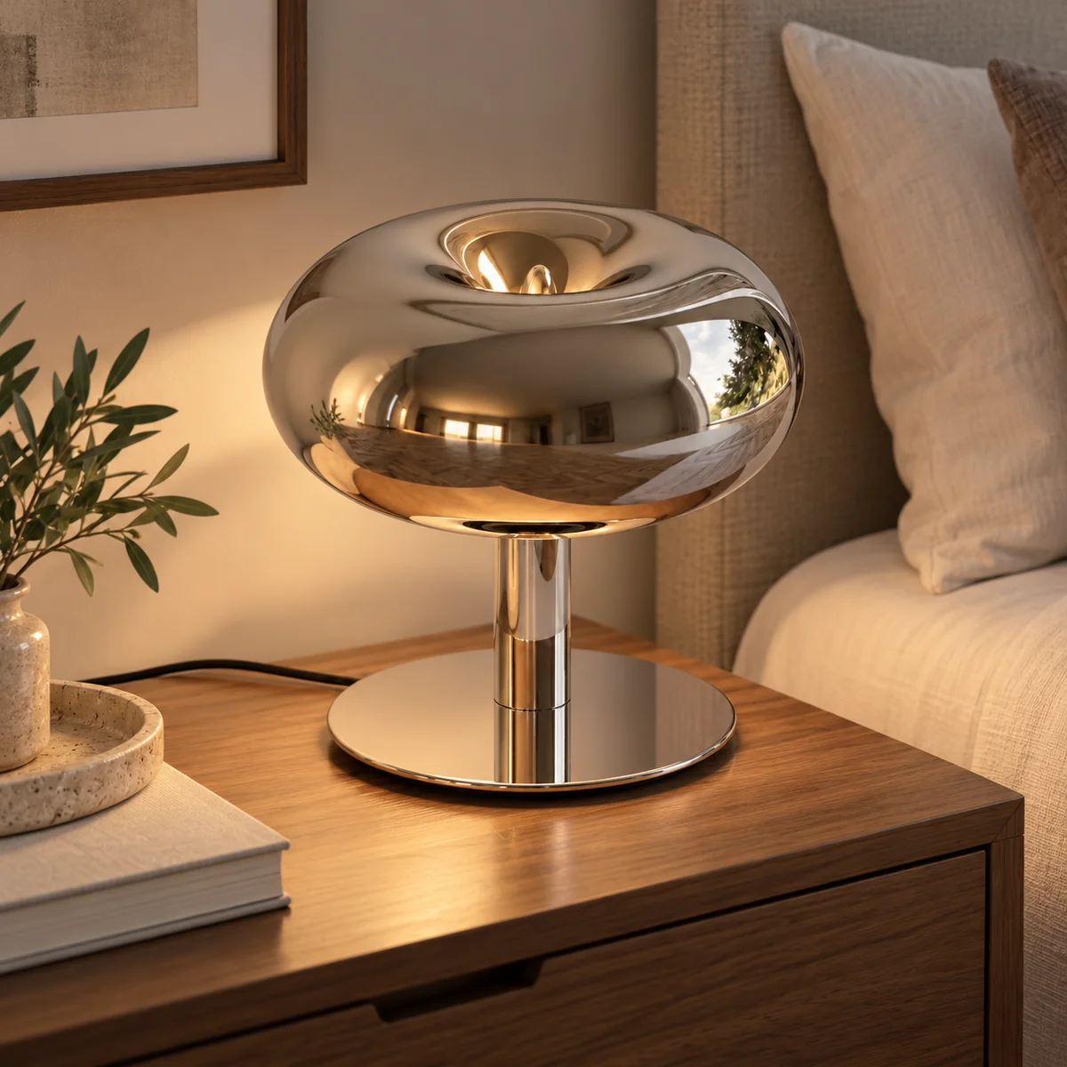 Touch-Dim Lamp in a Mushroom Glass Shade