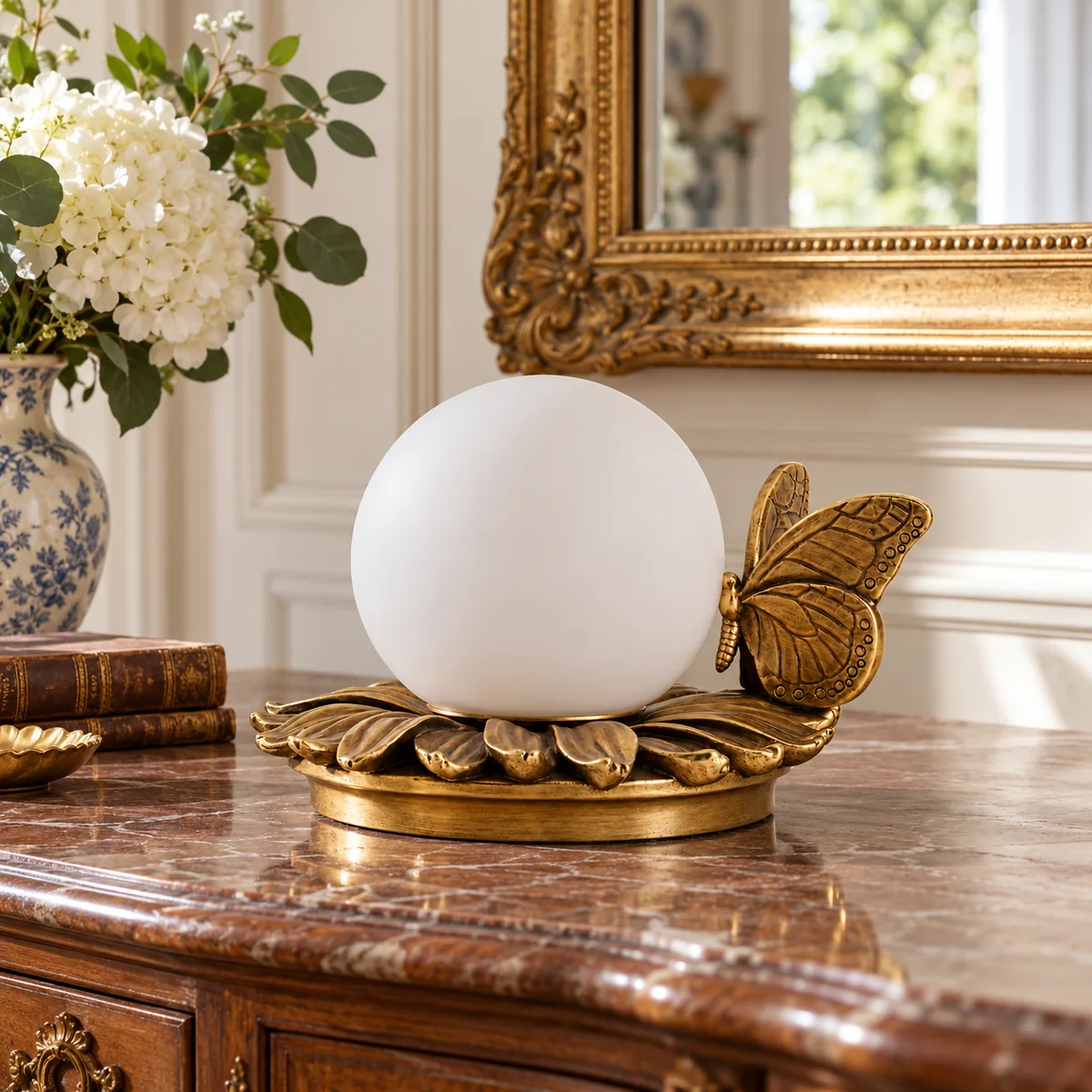 Butterfly Sculpture Beside a Glass Globe