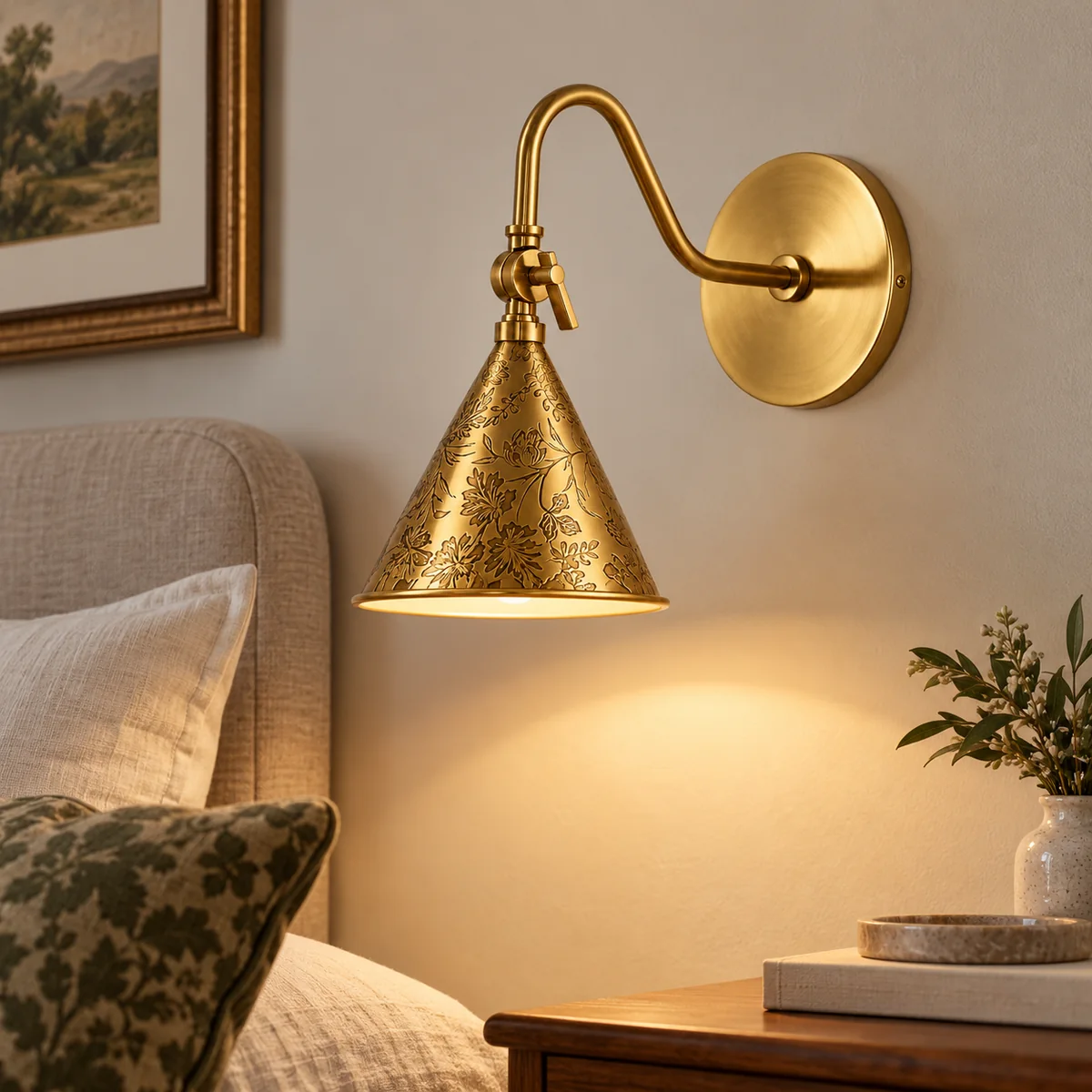 Cone Sconce with an Etched Floral Shade