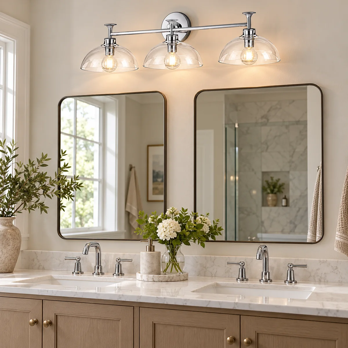 Mirror-Wall Bar with Glass Dome Shades