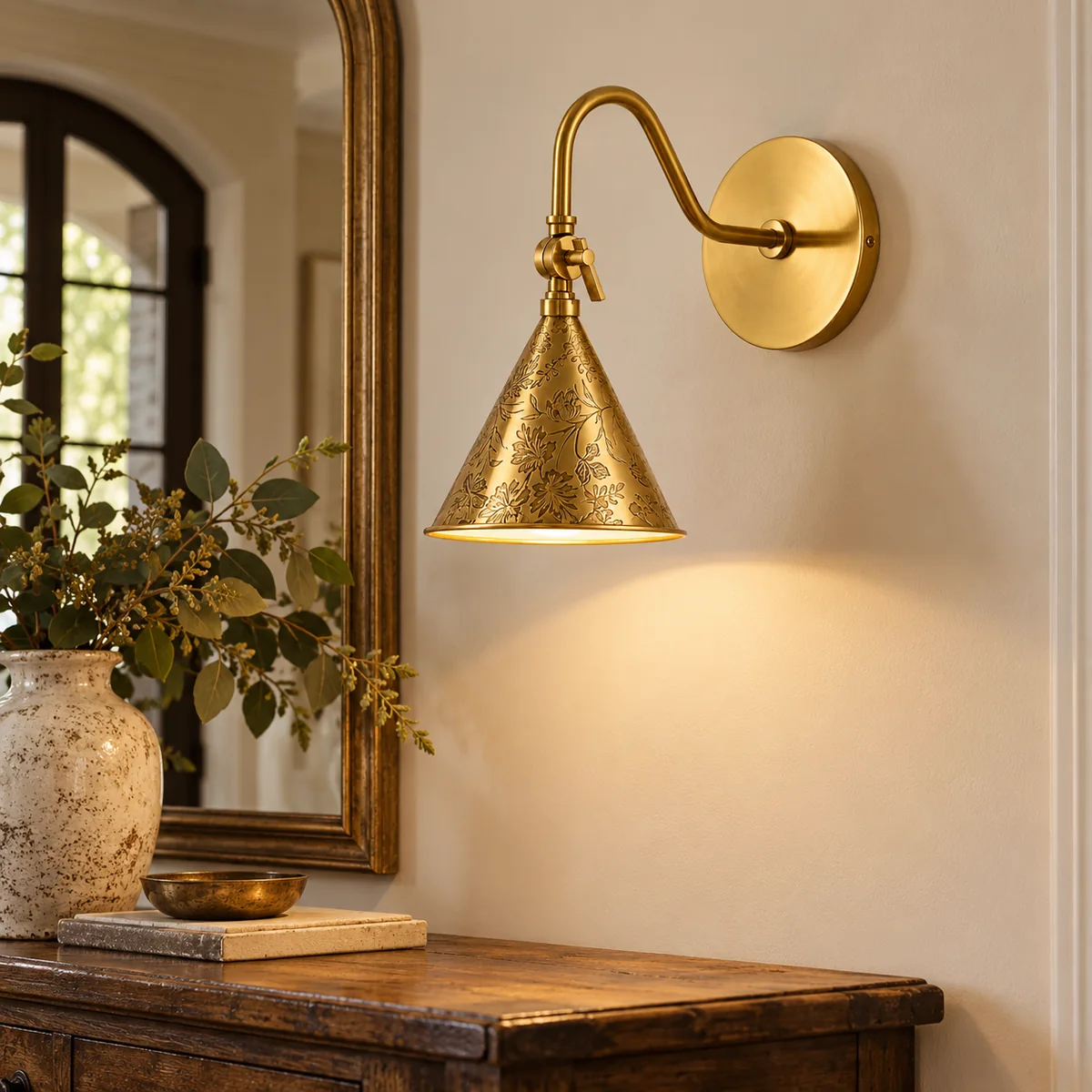 Cone Sconce with an Etched Floral Shade