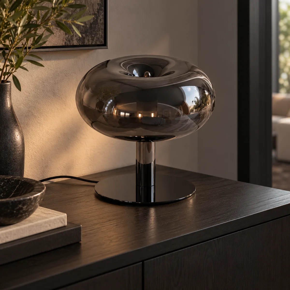 Touch-Dim Lamp in a Mushroom Glass Shade