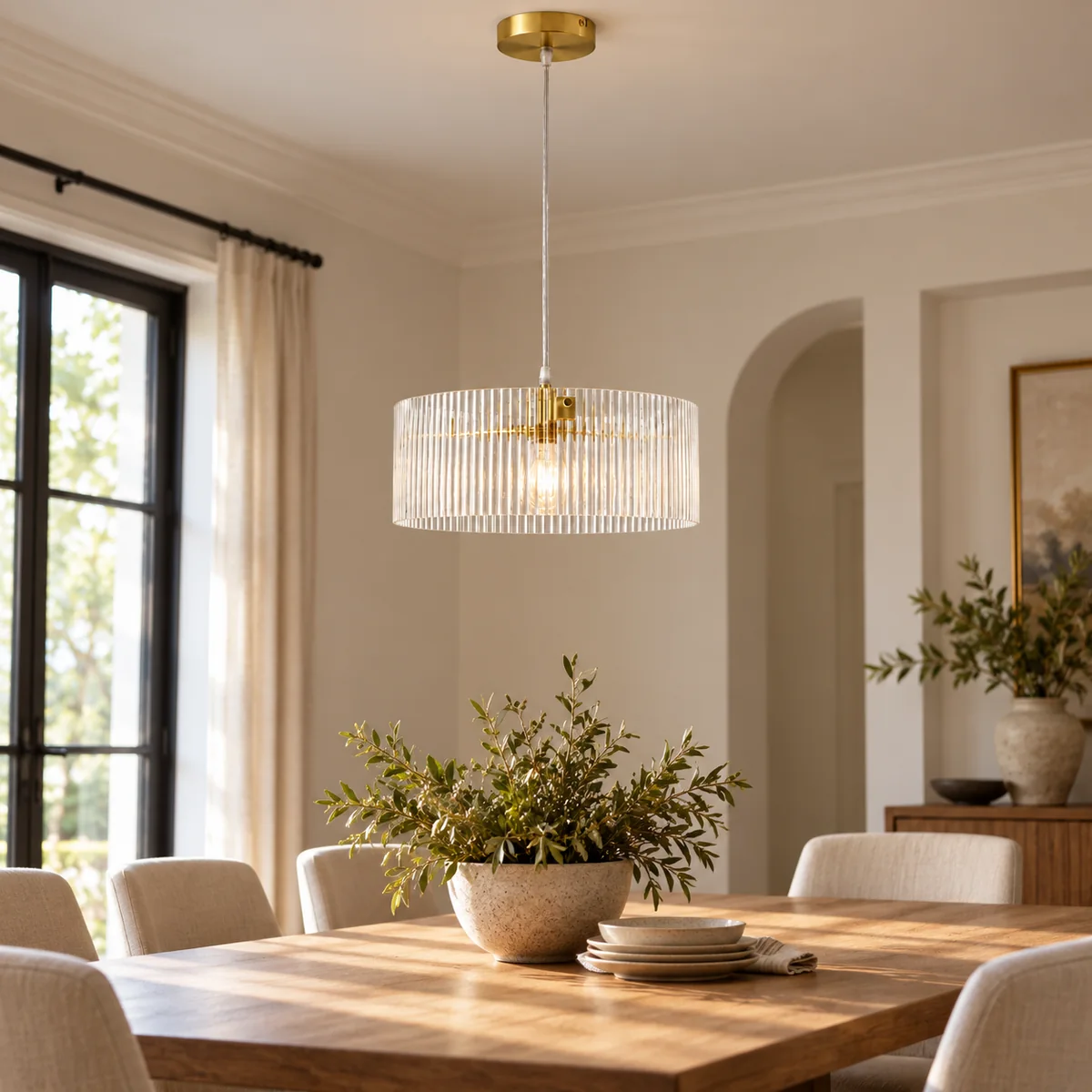 Pendant Drum in Ribbed Glass