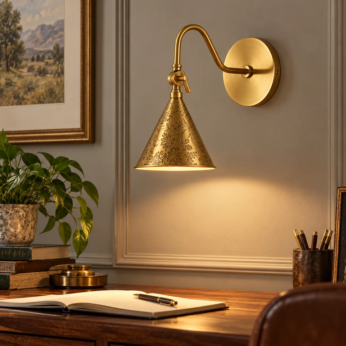 Cone Sconce with an Etched Floral Shade