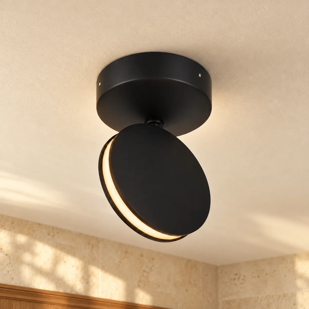 Black aluminium disc LED mounted on the ceiling